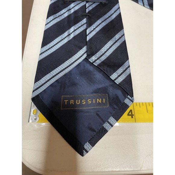 Trussini Cravatte Tie Mens Made in Italy Silk Necktie Blue Striped 4" - Picture 6 of 6